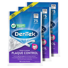 DenTek empaque frontal Cross Flosser mostrando 3 paquetes y beneficio de suministro