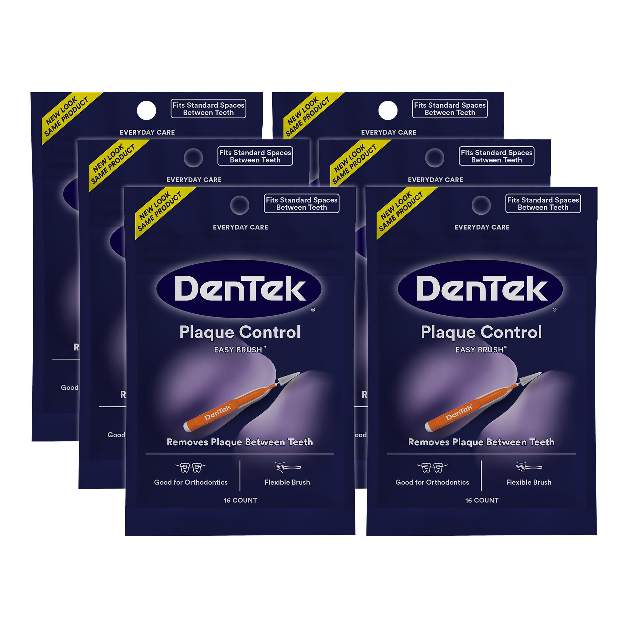 DenTek empaque frontal muestra 6 paquetes y facilidad de almacenamiento