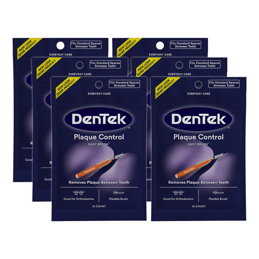 DenTek empaque frontal muestra 6 paquetes y facilidad de almacenamiento
