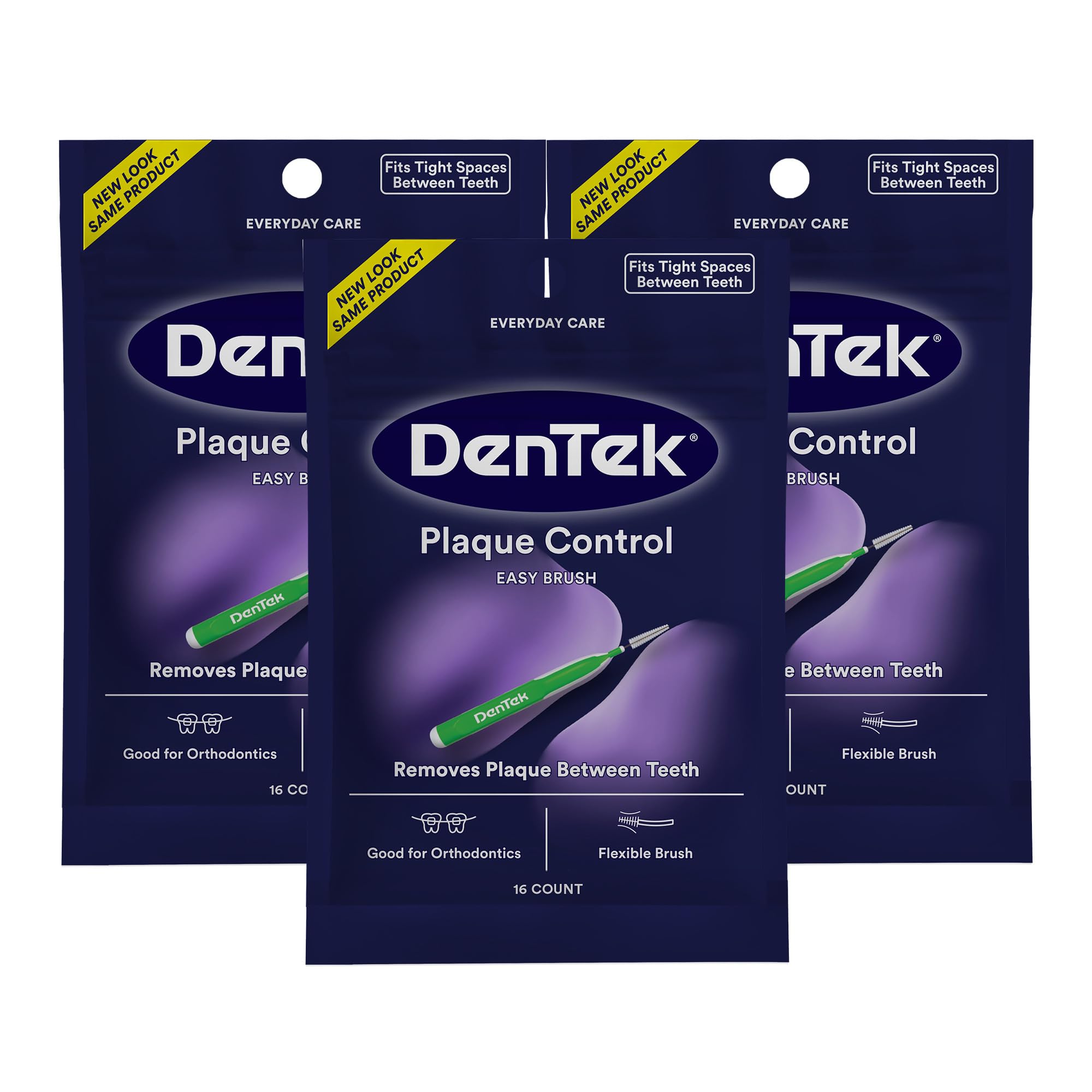 DenTek empaque frontal que muestra 16 unidades por blister y beneficios de control de placa