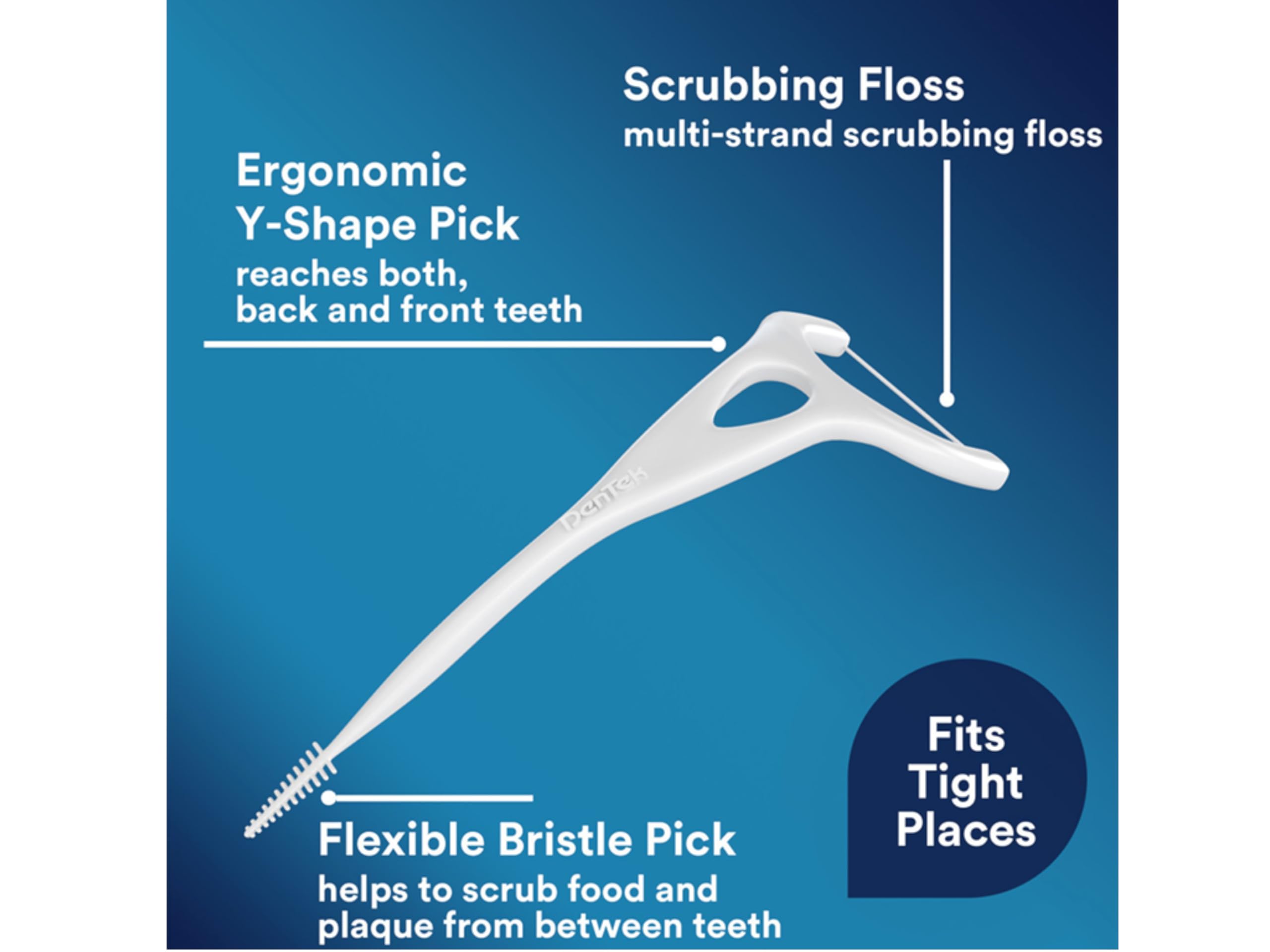DenTek floss pick en uso en boca alcanzando molares posteriores con control