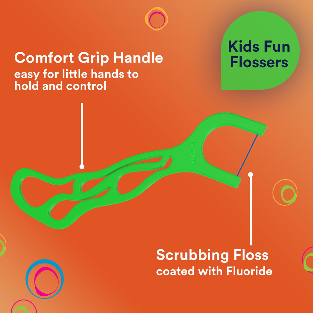 Niño usando DenTek flosser con supervisión, rutina interdental divertida