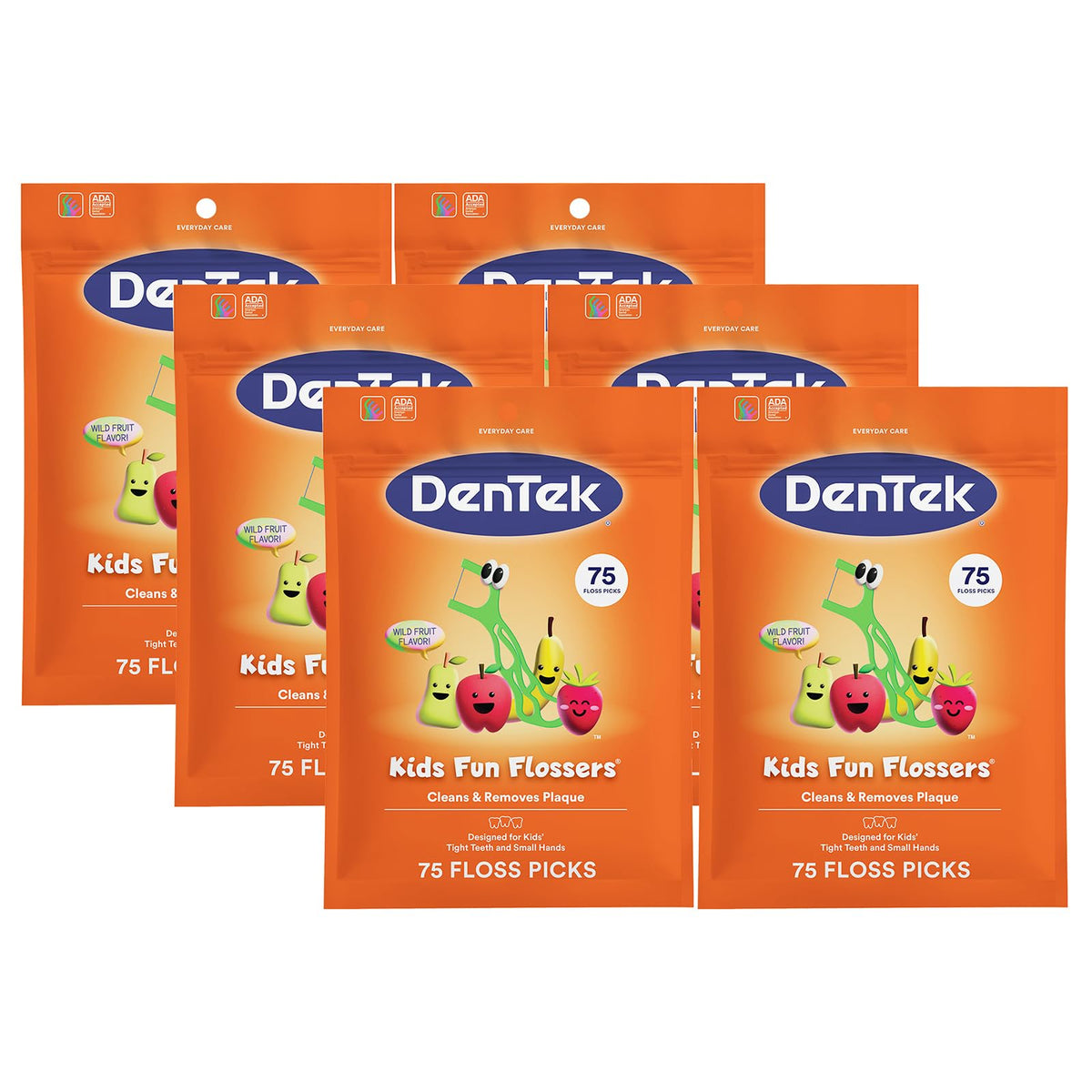 DenTek paquete frontal con 75 flossers sabor Wild Fruit, promueve hábito dental