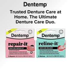 Aplicación de Reline-it de Dentemp en una dentadura por mano de usuario para ajuste rápido