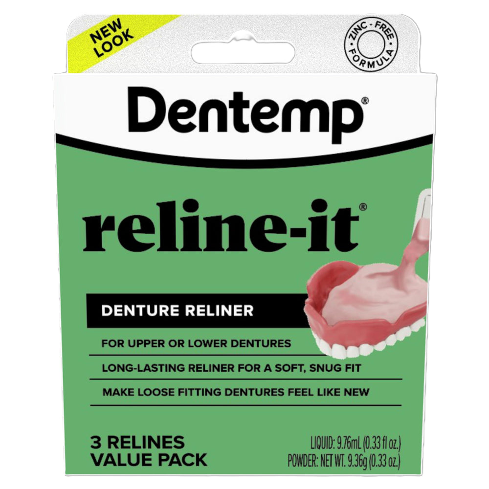 Dentemp empaque frontal del kit Reline-It mostrando presentación y beneficios