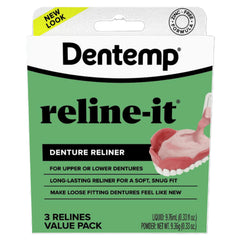 Dentemp empaque frontal del kit Reline-It mostrando presentación y beneficios