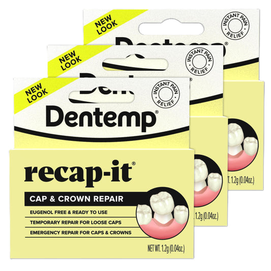 Dentemp Recap-It frontal del envase mostrando el pack de 3 unidades y conveniencia