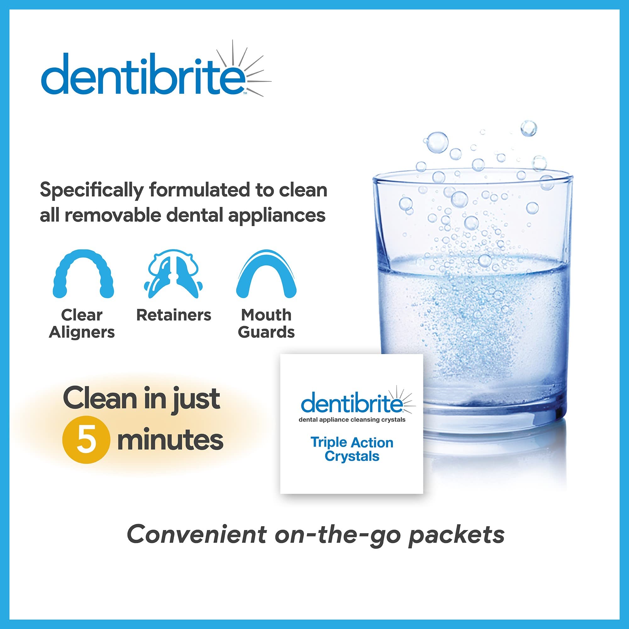 dentibrite cristales disolviéndose en agua tibia para limpieza rápida