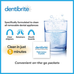 dentibrite cristales disolviéndose en agua tibia para limpieza rápida