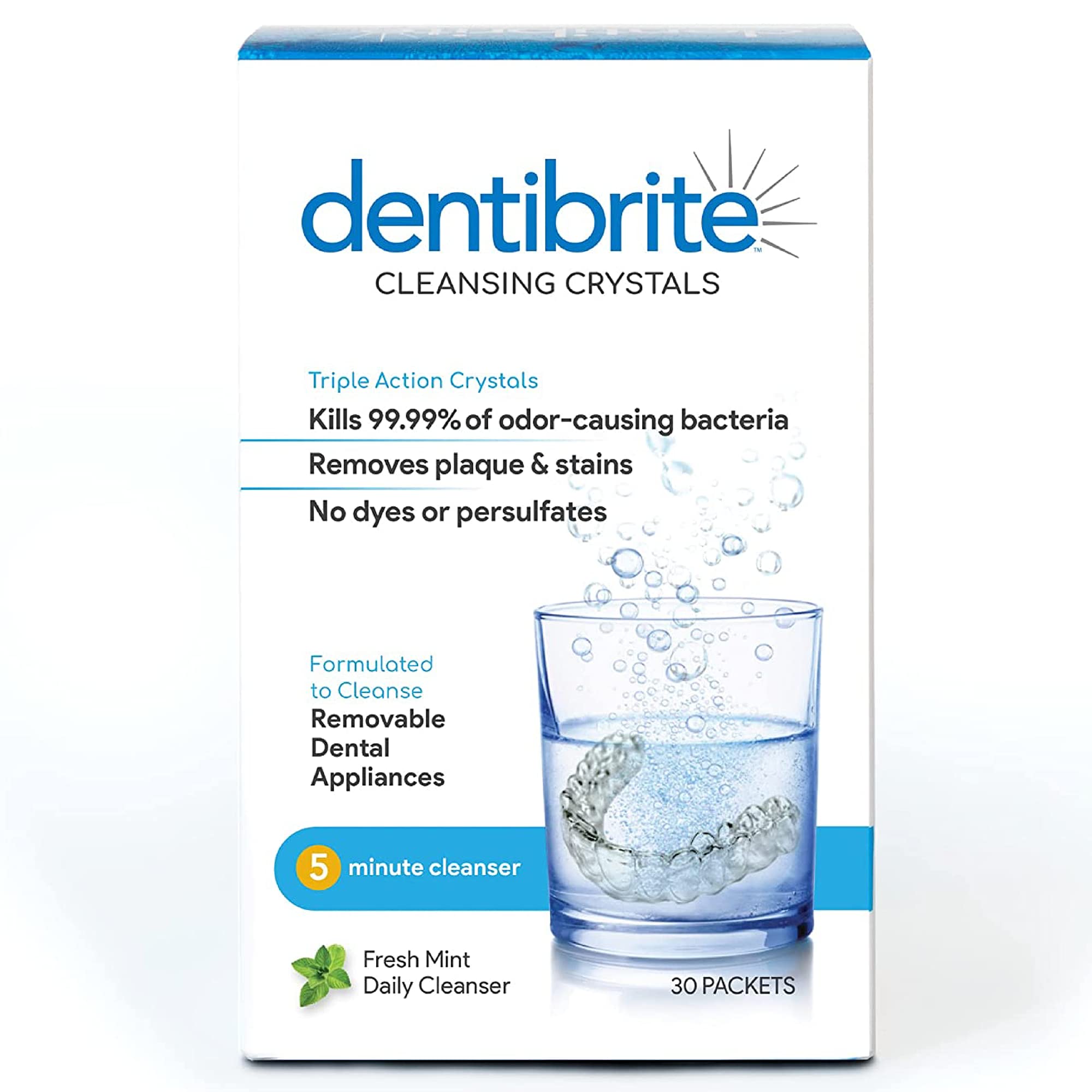 dentibrite frente del empaque mostrando 30 sobres y beneficios visibles