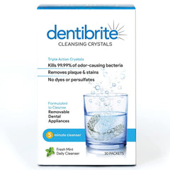 dentibrite frente del empaque mostrando 30 sobres y beneficios visibles