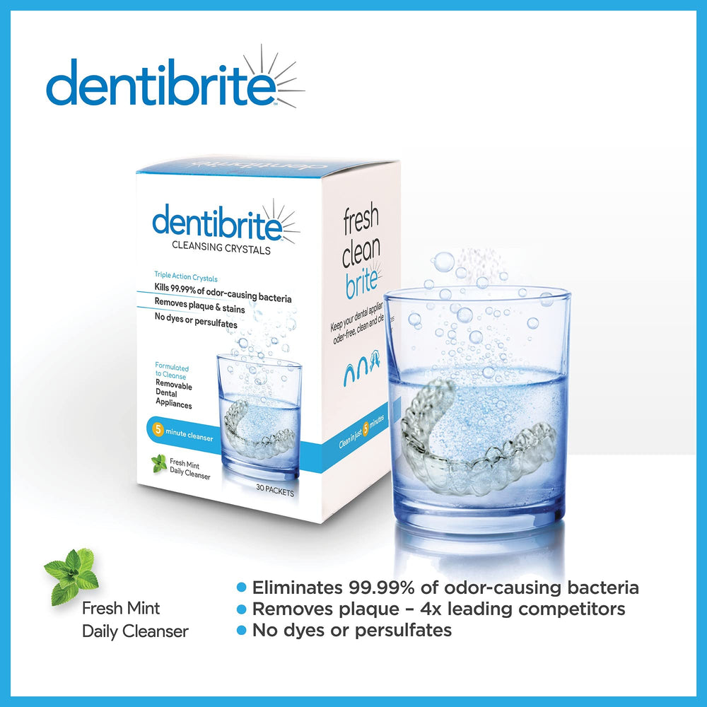 dentibrite sobre individual abierto con cristales listos para disolver