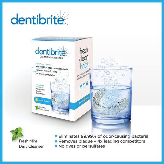 dentibrite sobre individual abierto con cristales listos para disolver