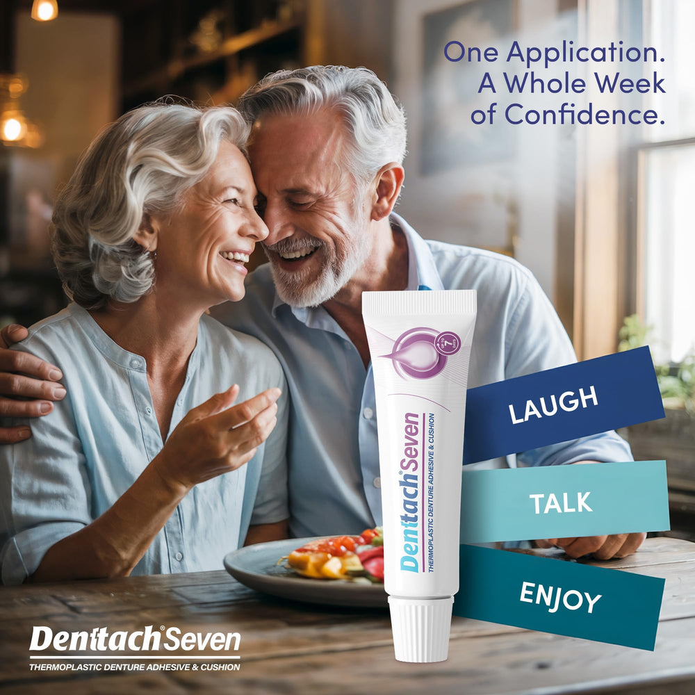 DENTTACH comparación de tamaño del producto junto a una prótesis para escala visual
