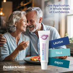 DENTTACH comparación de tamaño del producto junto a una prótesis para escala visual