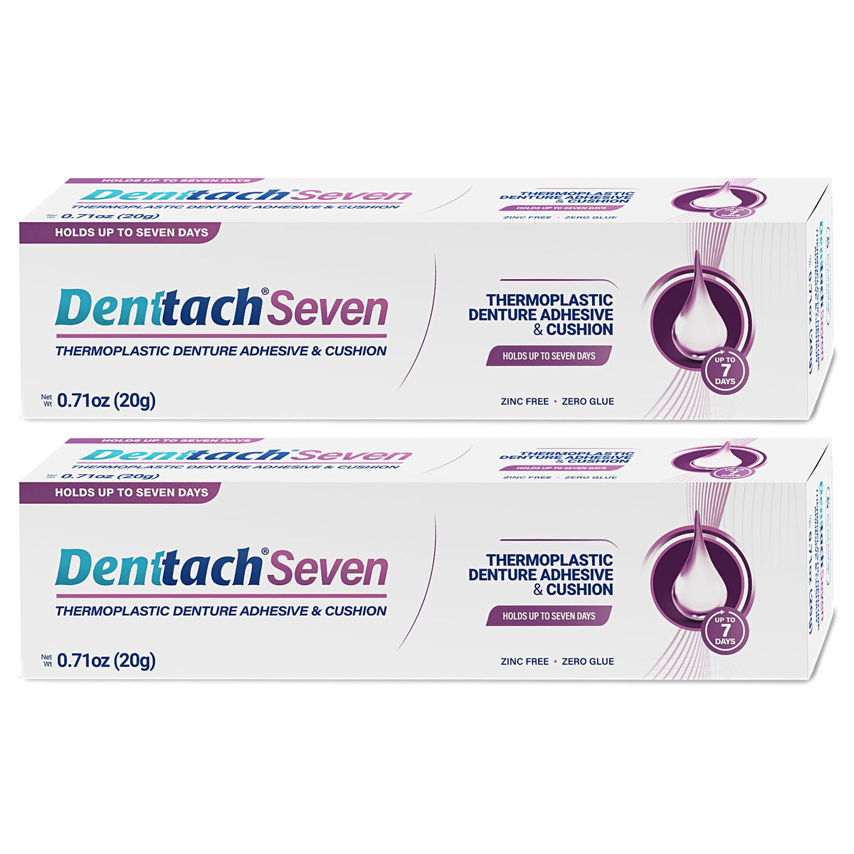 DENTTACH frente del empaque mostrando pack de dos, ofrece confianza y duración