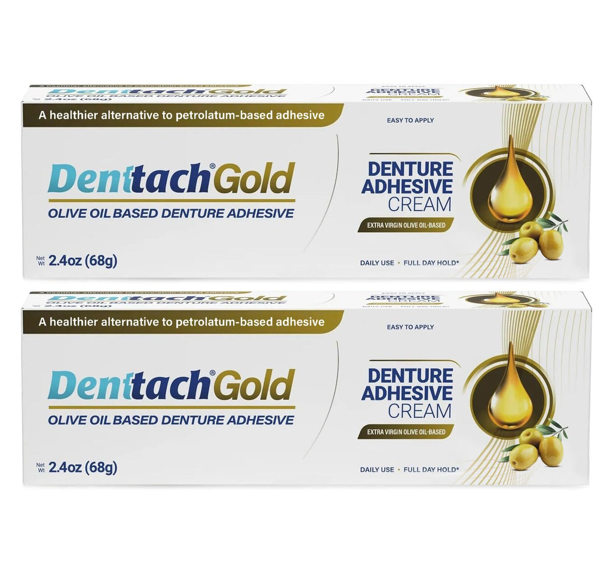 DENTTACH envase frontal oro mostrando diseño y claridad, sujeción confiable