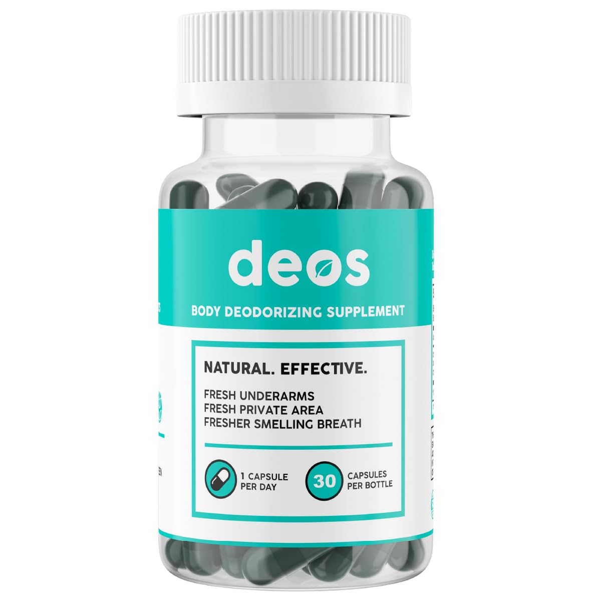 DEOS envase frontal mostrando diseño y cantidad 30 cápsulas, confianza vegana