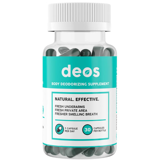 DEOS envase frontal mostrando diseño y cantidad 30 cápsulas, confianza vegana