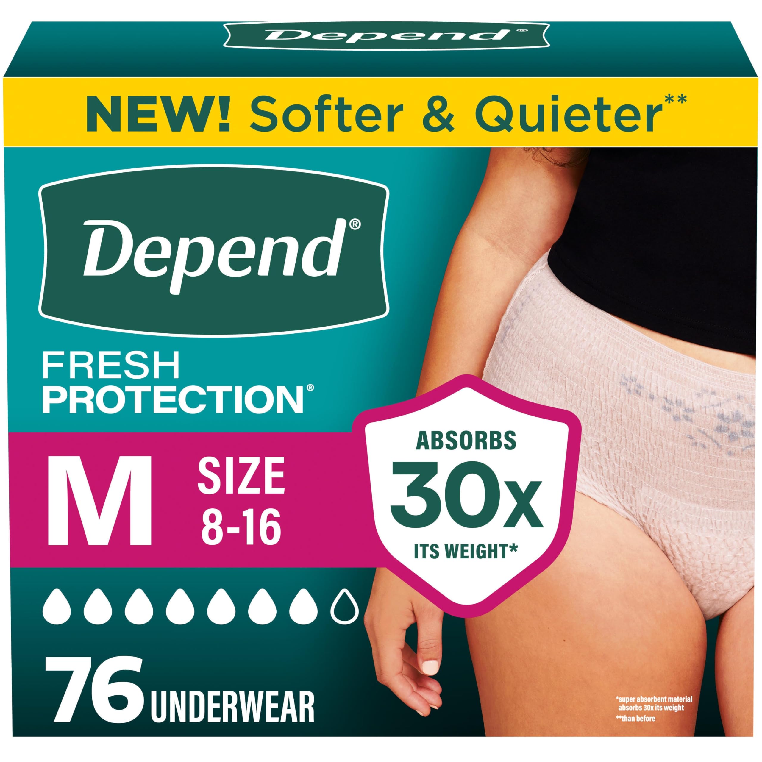 Depend empaque frontal mostrando 76 unidades y beneficios visibles
