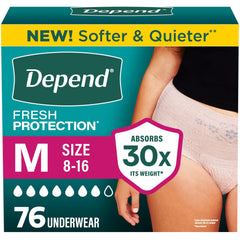 Depend empaque frontal mostrando 76 unidades y beneficios visibles