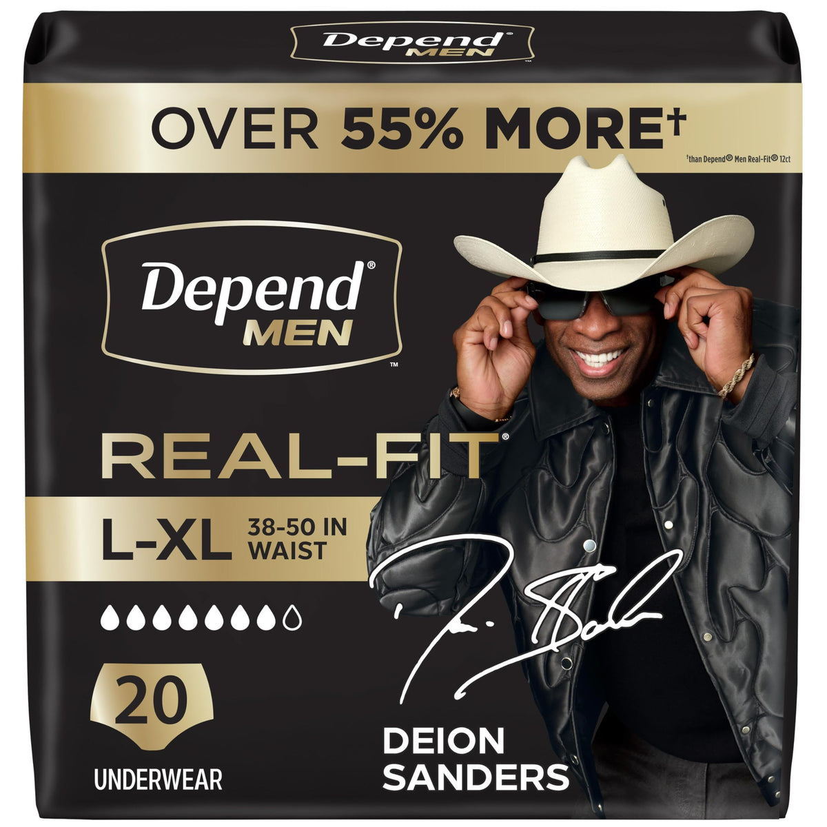 Depend frente del empaque mostrando diseño y cantidad 20 útil