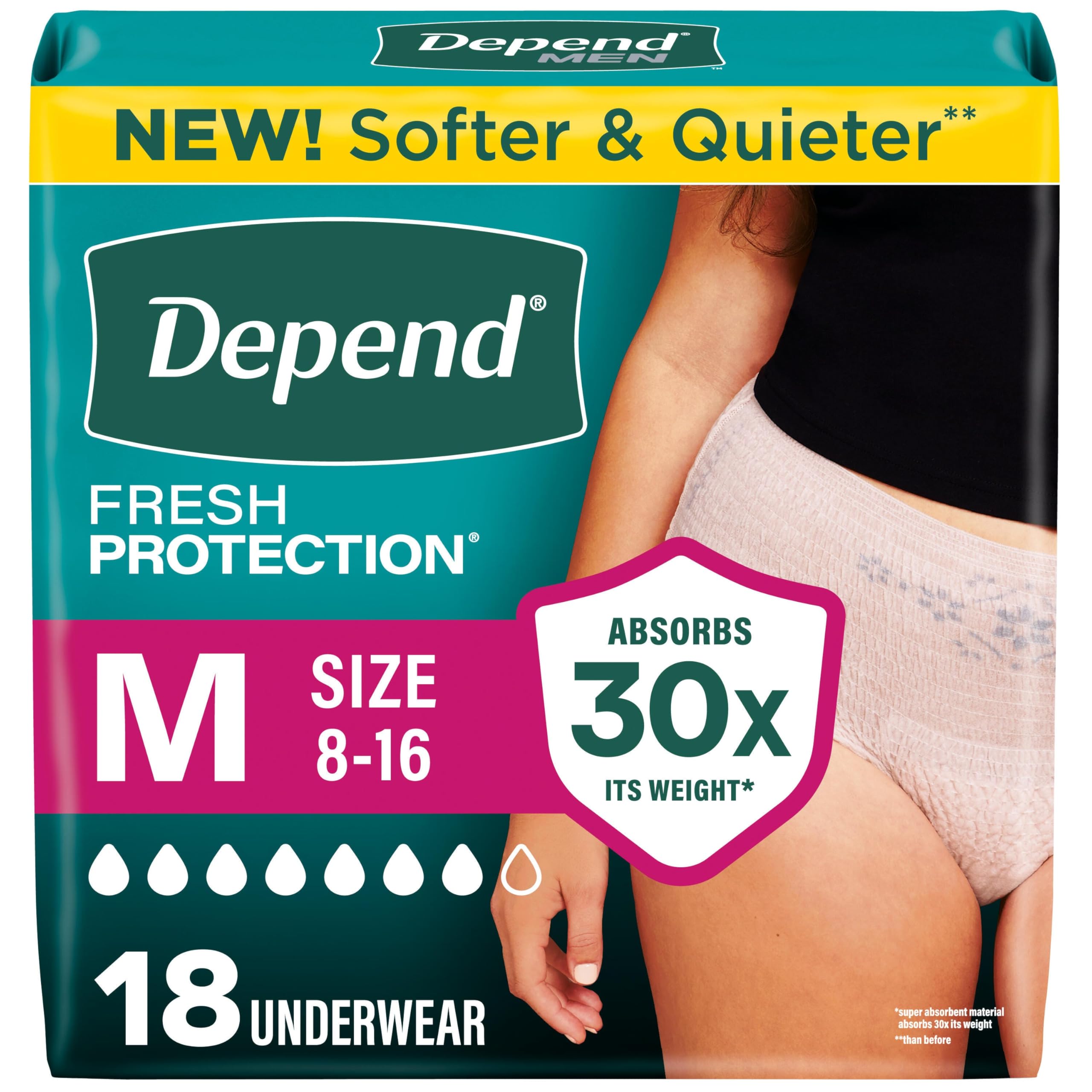 Depend empaque frontal Fresh Protection mujer mostrando 18 unidades y beneficio de discreción