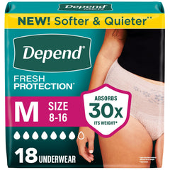Depend empaque frontal Fresh Protection mujer mostrando 18 unidades y beneficio de discreción