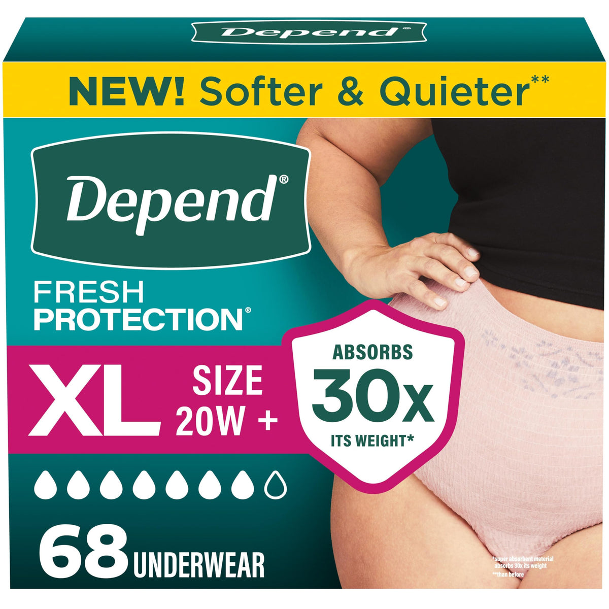 Depend paquete frontal blush mostrando 68 unidades y comodidad visual