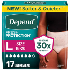 Depend paquete frontal blush mostrando 17 unidades y beneficio de discreción