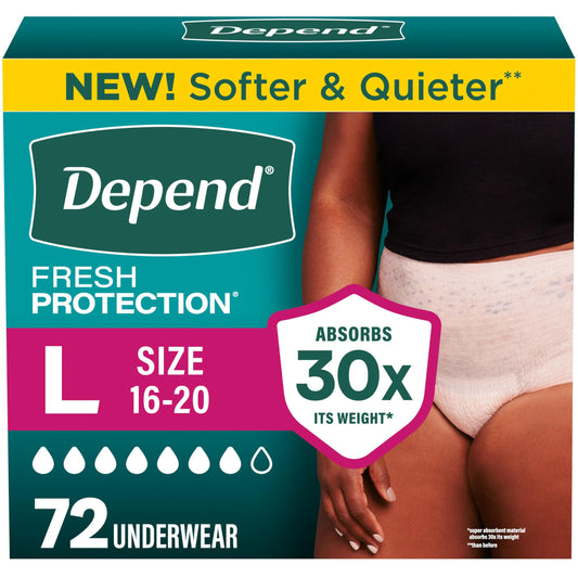 Depend paquete frontal mostrando 72 unidades y beneficio de protección máxima