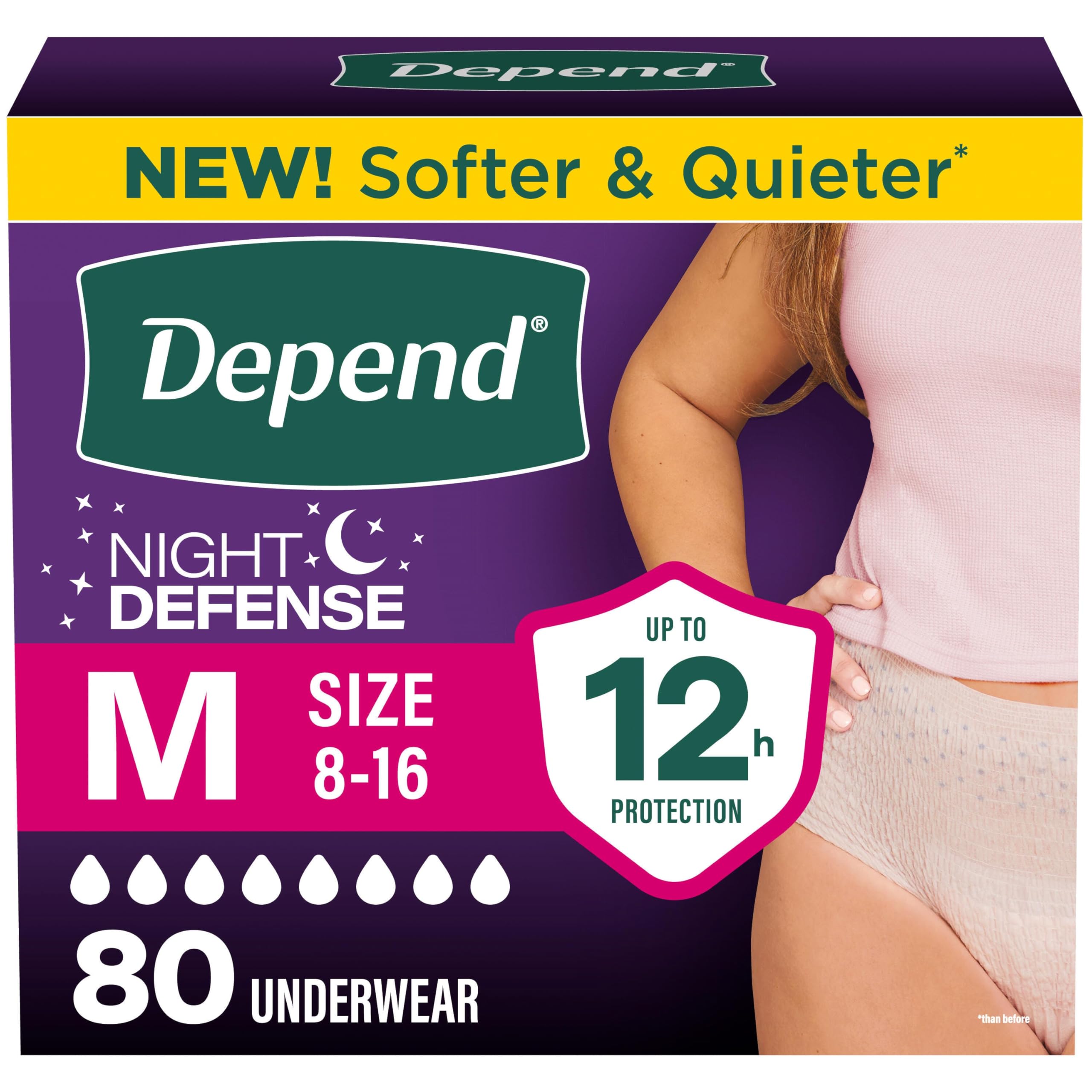 Depend paquete frontal mostrando 80 unidades y beneficio de protección extendida