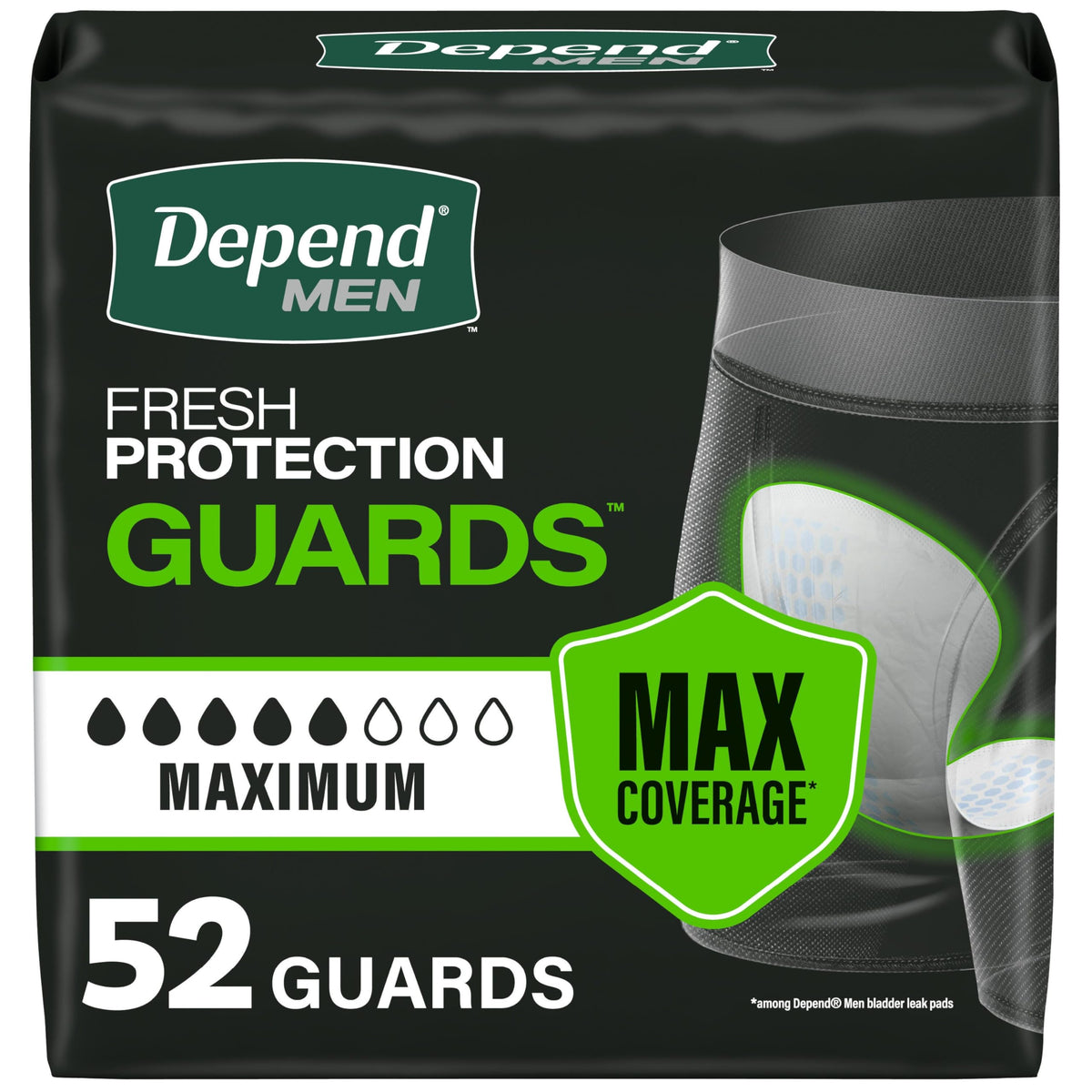 Depend empaque frontal mostrando 52 unidades y beneficio de protección confiable