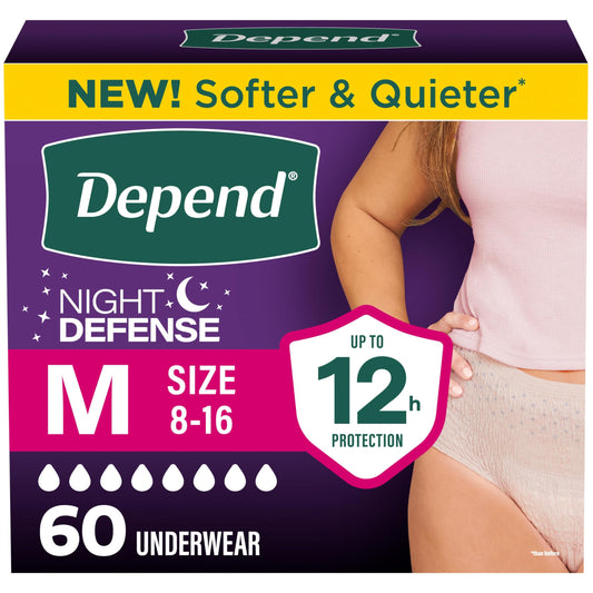 Depend empaque frontal mostrando 60 unidades y beneficio protección nocturna