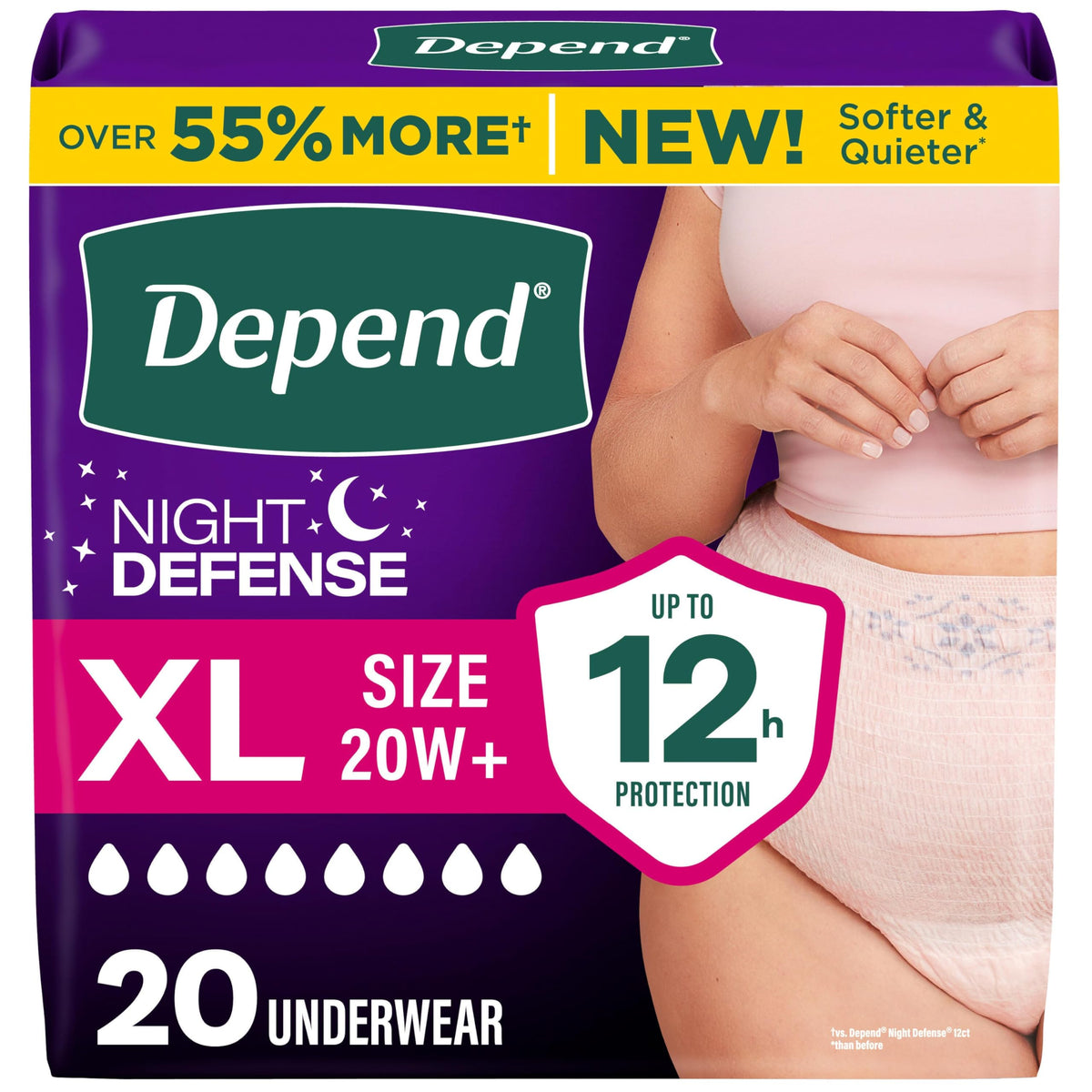 Depend empaque frontal mostrando paquete de 20 unidades y beneficio de larga protección