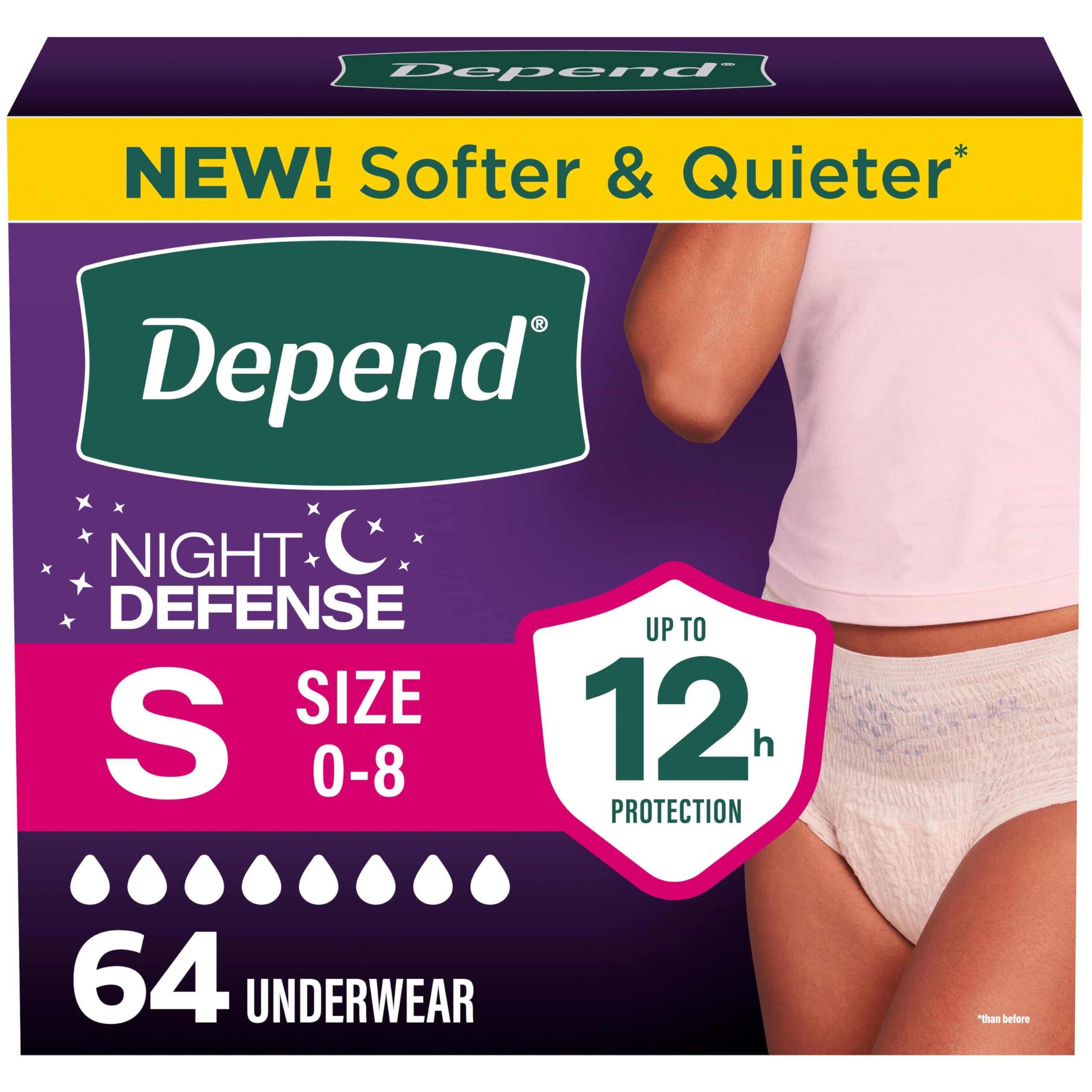 Depend empaque frontal mostrando 64 unidades y beneficio de protección nocturna