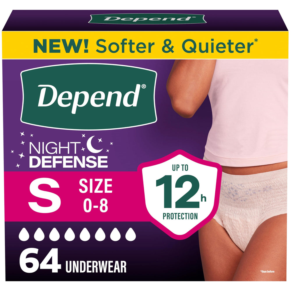 Depend empaque frontal mostrando 64 unidades y beneficio de protección nocturna