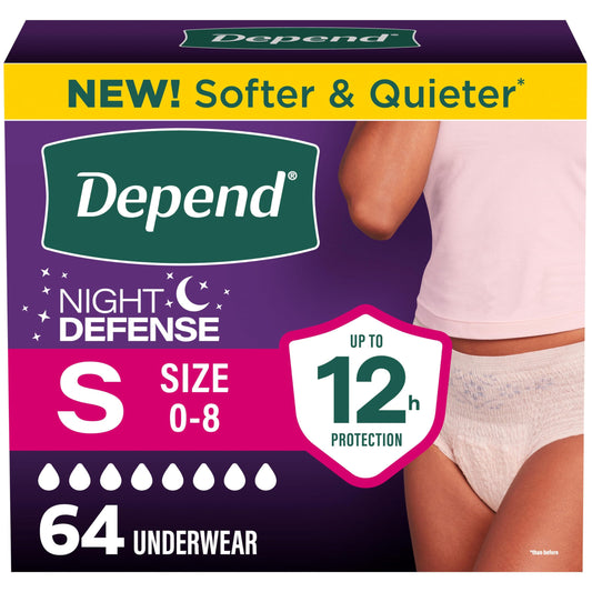 Depend empaque frontal mostrando 64 unidades y beneficio de protección nocturna