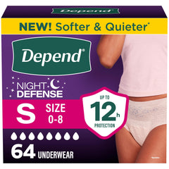 Depend empaque frontal mostrando 64 unidades y beneficio de protección nocturna