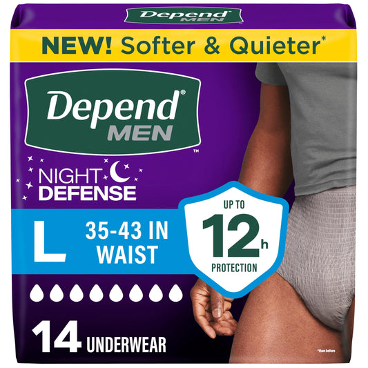 Depend empaque frontal mostrando talla grande y 14 unidades, confianza nocturna
