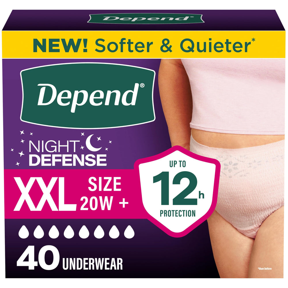 Depend empaque frontal mostrando 40 unidades y talla XXL, protección prolongada