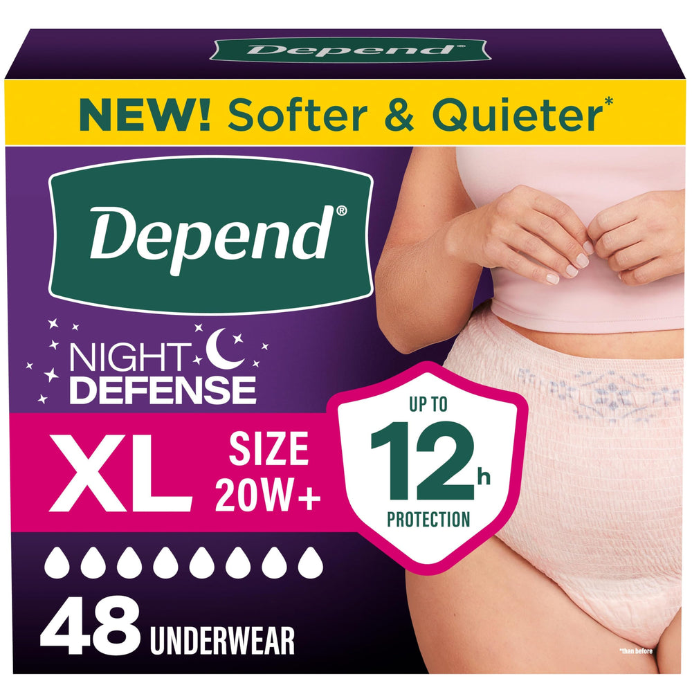 Depend frente del paquete mostrando 48 unidades y comodidad nocturna