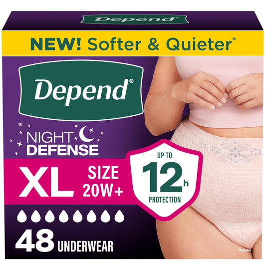 Depend frente del paquete mostrando 48 unidades y comodidad nocturna