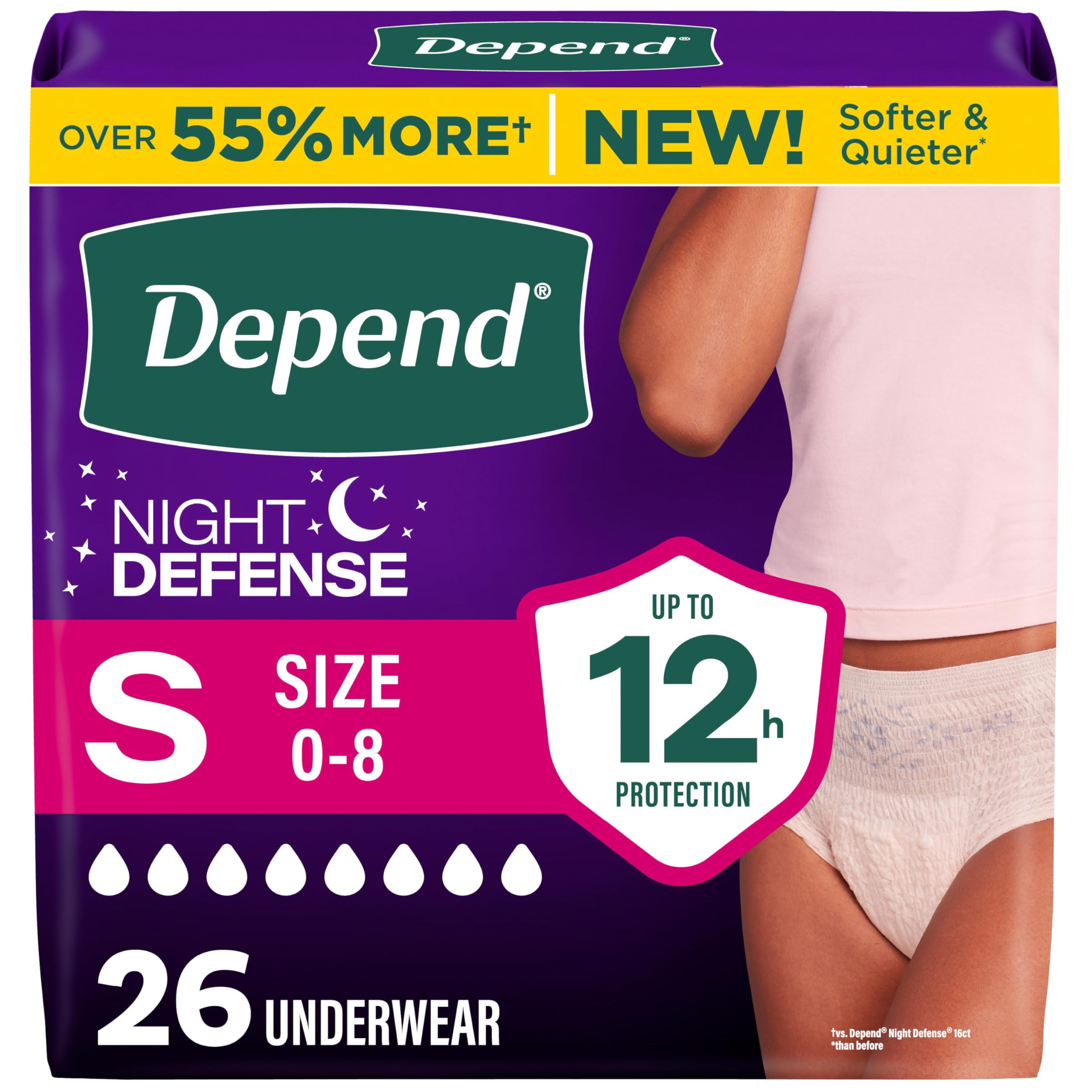 Depend frontal del paquete mostrando la talla pequeña y cantidad 26, seguridad visible