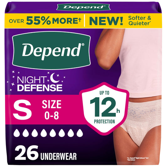 Depend frontal del paquete mostrando la talla pequeña y cantidad 26, seguridad visible