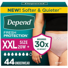 Depend empaque frontal blush mostrando 44 unidades y beneficio de discreción