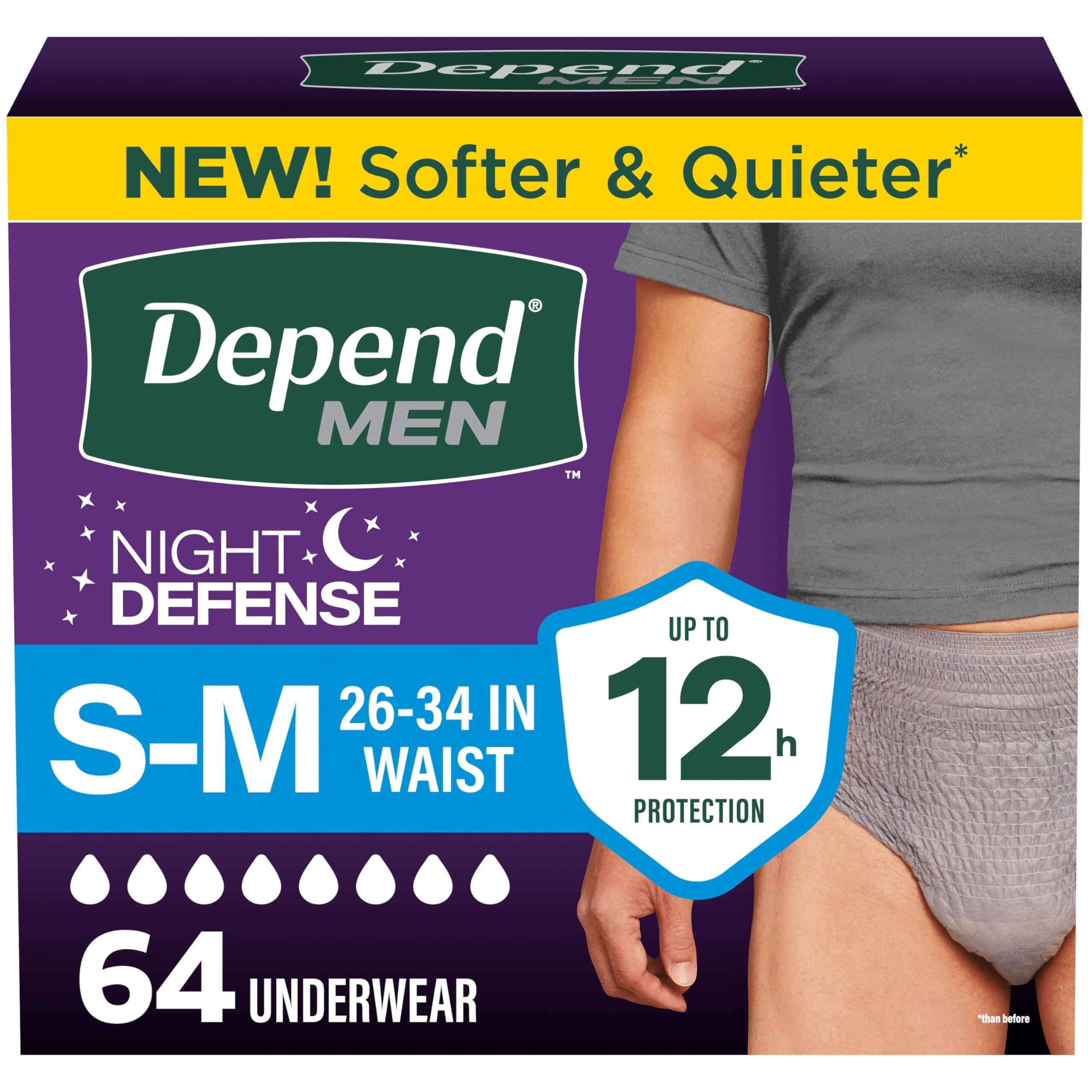 Depend embalaje frontal Night Defense mostrando 64 unidades y protección nocturna