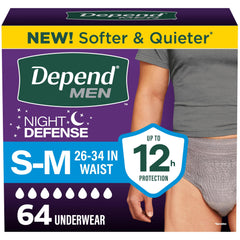 Depend embalaje frontal Night Defense mostrando 64 unidades y protección nocturna