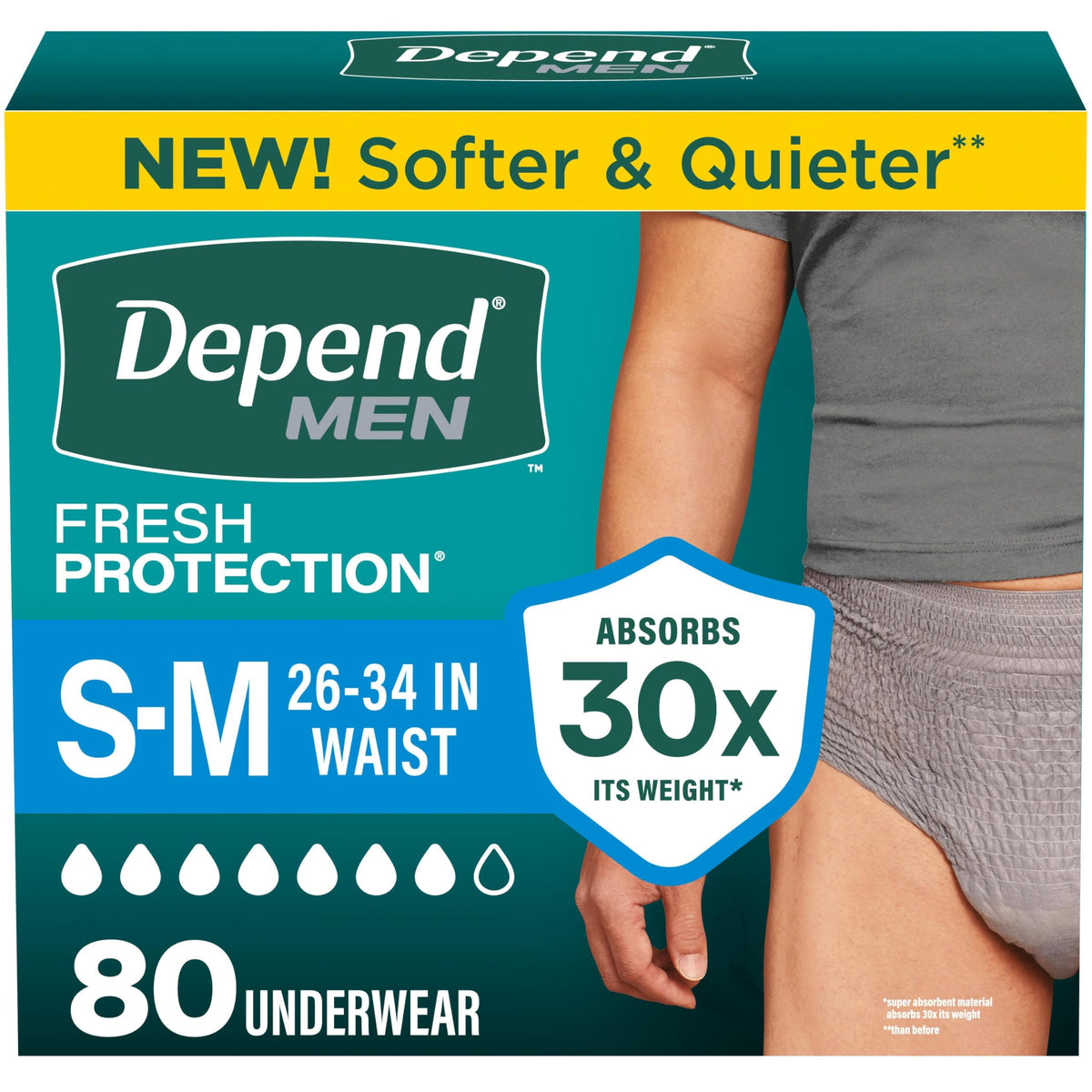 Depend paquete frontal mostrando 80 unidades y beneficios de absorción