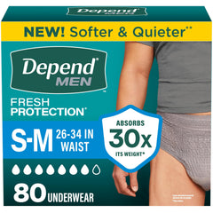 Depend paquete frontal mostrando 80 unidades y beneficios de absorción